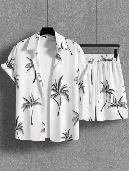 Herren Strand Outfit Zweiteiler mit Palmenmuster – Freizeit Hemd und Shorts Set
