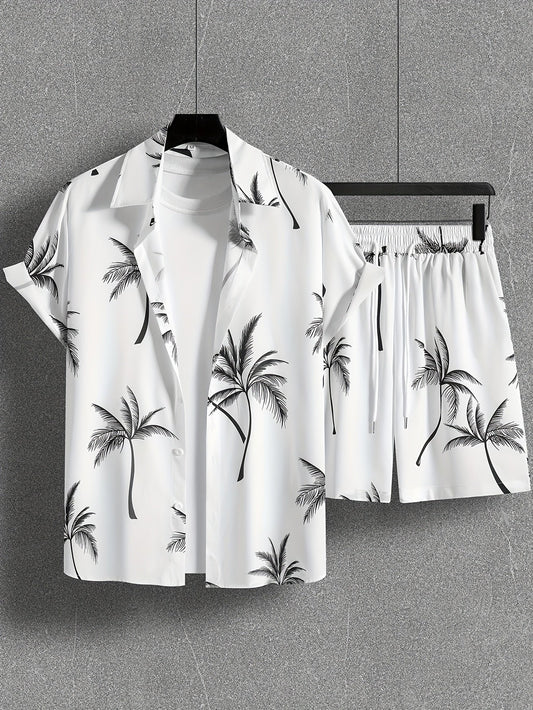 Herren Strand Outfit Zweiteiler mit Palmenmuster – Freizeit Hemd und Shorts Set