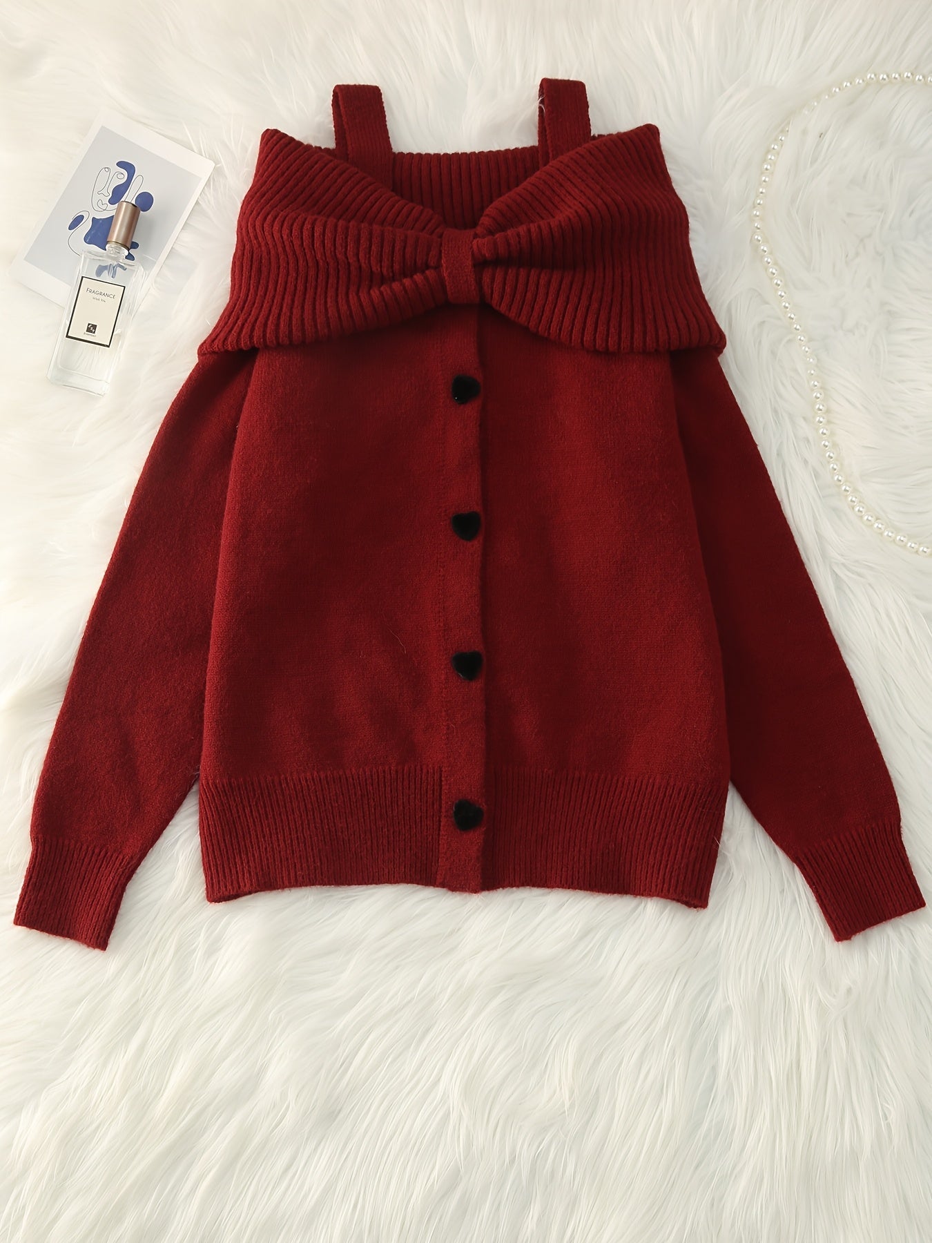 Damen Strickpullover Carmen-Ausschnitt mit Schleife und Herzknöpfen