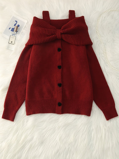 Damen Strickpullover Carmen-Ausschnitt mit Schleife und Herzknöpfen