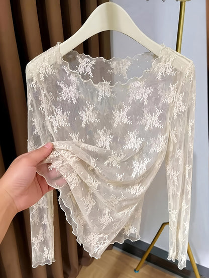 Damen Langarm-Spitzenshirt mit floraler Stickerei und transparentem Design – Elegantes Oberteil für besondere Anlässe