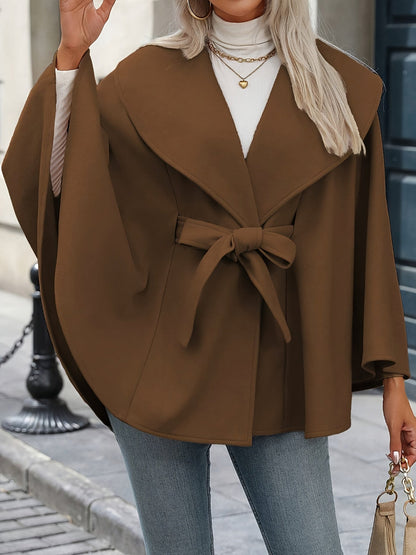 Damen Cape Mantel mit Gürtel und breitem Reverskragen