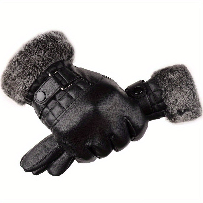 Unisex Handschuhe Schwarz mit Fellbesatz und Schnalle