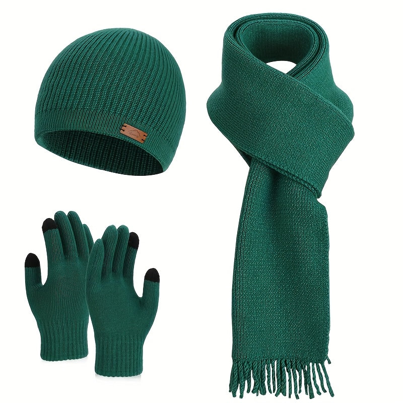 Unisex Winter Strickset: Warme Mütze, Schal und Handschuhe in Grün mit Touchscreen-Funktion
