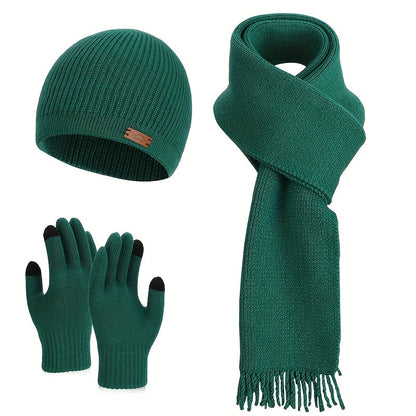 Unisex Winter Strickset: Warme Mütze, Schal und Handschuhe in Grün mit Touchscreen-Funktion