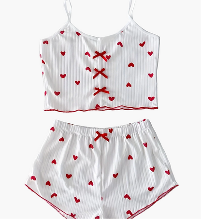 Damen Pyjama Set mit Herzchenmuster – Süßes und Bequemes Schlafanzug-Set für Frauen, Perfekt für den Sommer