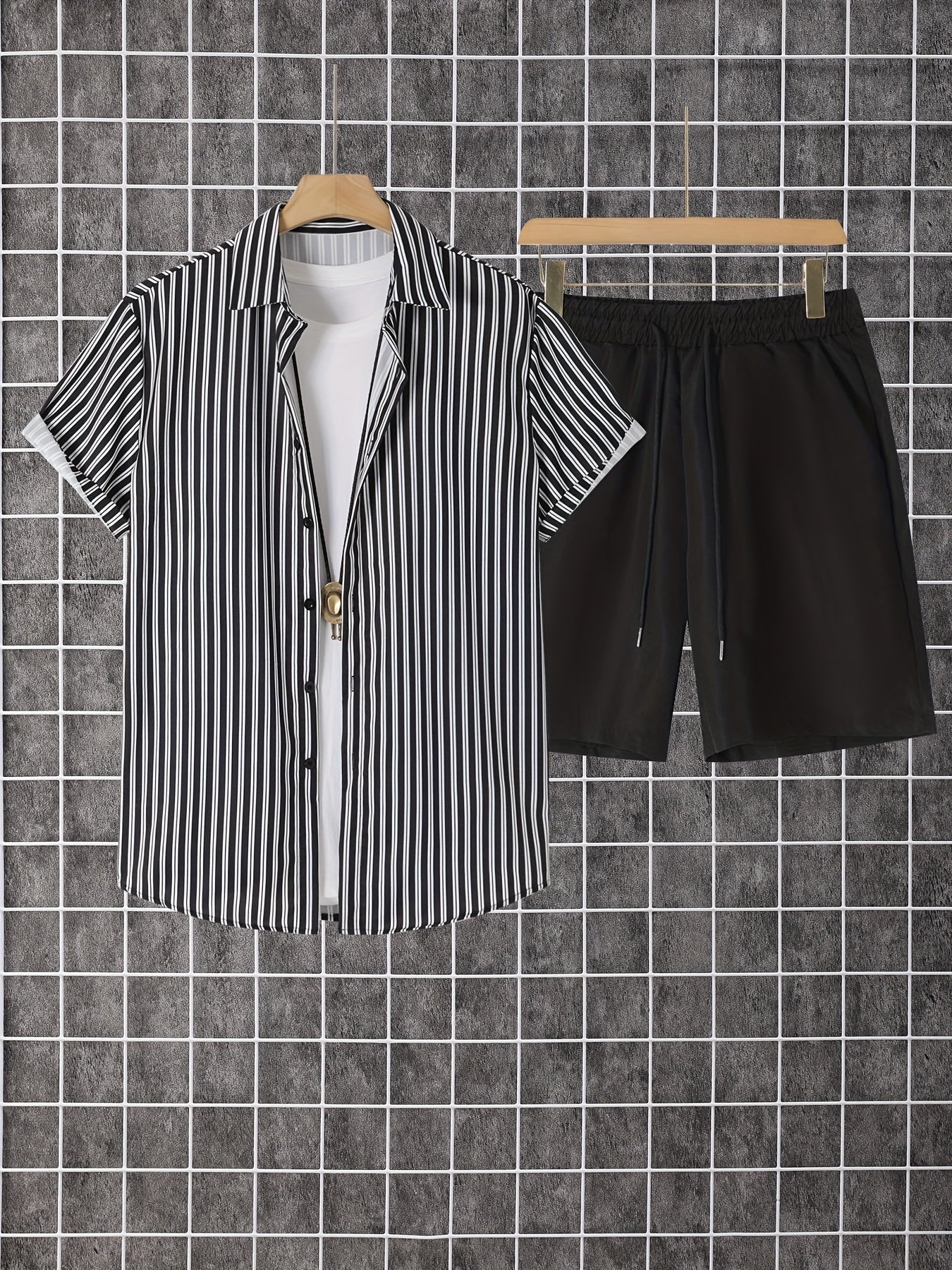 Herren Set mit Kurzarmhemd und Shorts, Modernes Streifen Design, Freizeit Outfit für Sommer und Urlaub