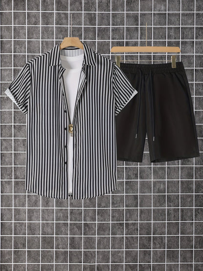 Herren Set mit Kurzarmhemd und Shorts, Modernes Streifen Design, Freizeit Outfit für Sommer und Urlaub