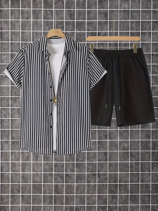 Herren Set mit Kurzarmhemd und Shorts, Modernes Streifen Design, Freizeit Outfit für Sommer und Urlaub
