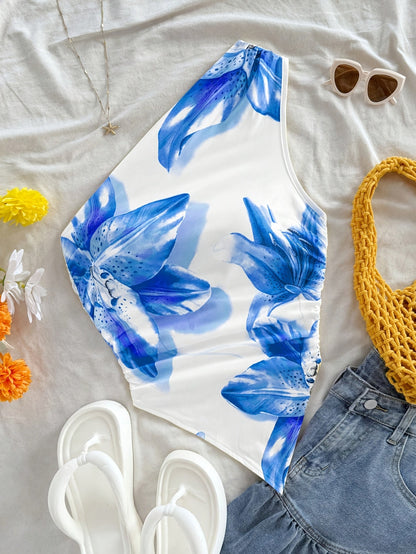 Damen Ein-Schulter-Body mit Blumenmuster – Eleganter Sommer-Body für Freizeit und Urlaub