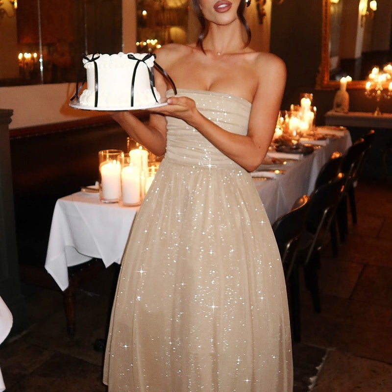 Damen Elegantes Glitzer-Abendkleid mit Trägerlosem Design – Perfekt für Feiern & Besondere Anlässe