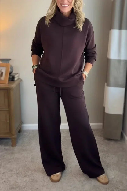 Damen Lounge Set Rollkragen Pullover & Weite Bein Hose Freizeitanzug