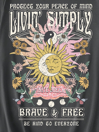 Damen T-Shirt im Boho-Stil mit Sonnendruck und inspirierendem Spruch – Freizeit & Yoga