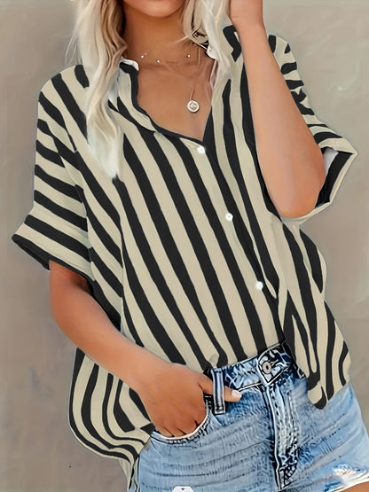 Damen Sommerbluse im Streifen-Look – Lässige Hemdbluse für Freizeit und Urlaub