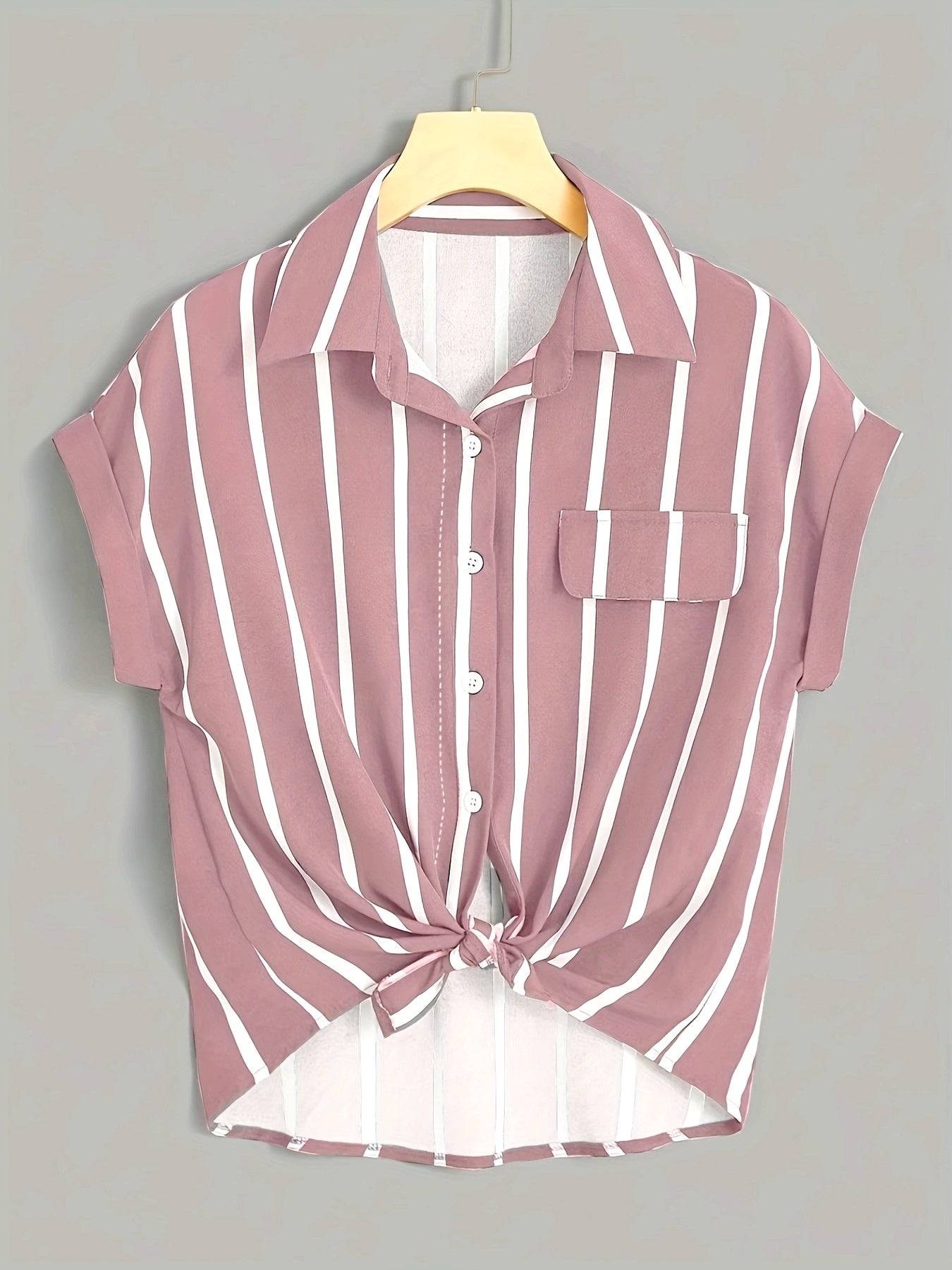 Damen Kurzarm Streifenbluse mit Knotendetail – Eleganter Freizeit-Look für Alltag und Büro