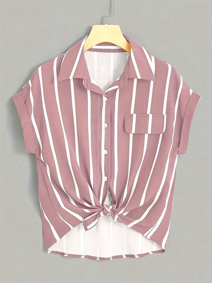Damen Kurzarm Streifenbluse mit Knotendetail – Eleganter Freizeit-Look für Alltag und Büro