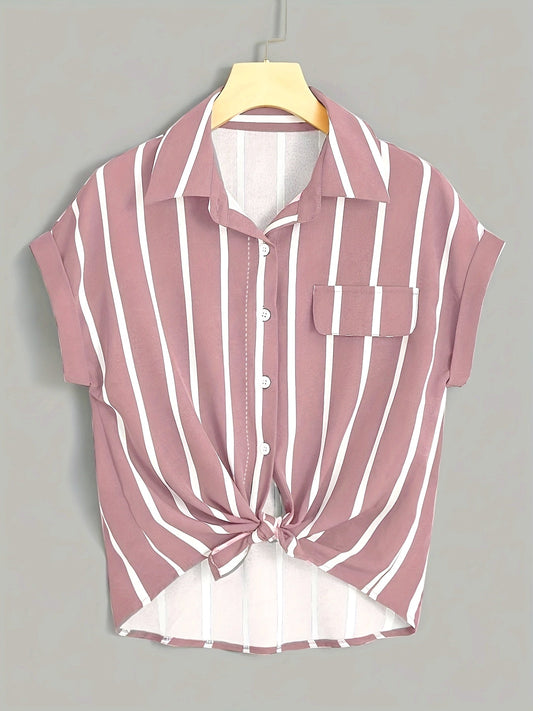 Damen Kurzarm Streifenbluse mit Knotendetail – Eleganter Freizeit-Look für Alltag und Büro