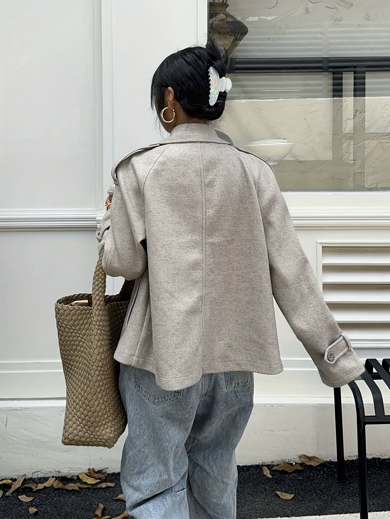 Damen Kurzmantel Jacke Doppelreiher Graubeige Kragen