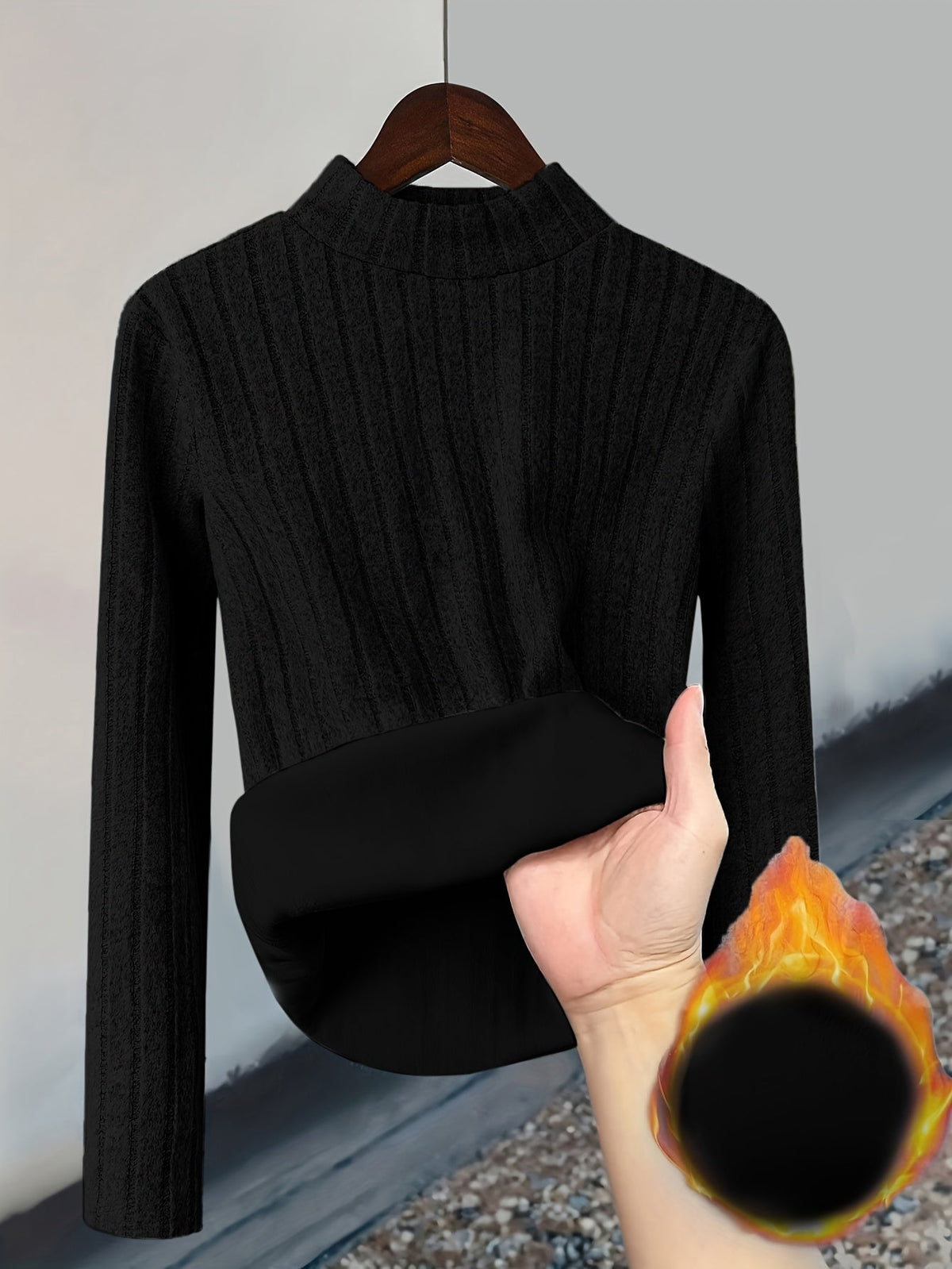 Damen Pullover Rippstrick Stehkragen Warme Fleecefütterung Langarm