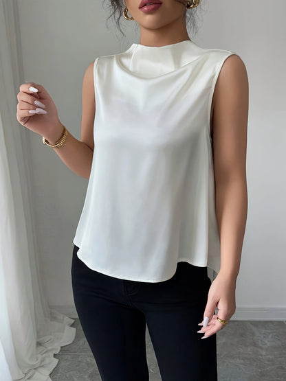 Damen Elegante Ärmellose Bluse mit Stehkragen und Falten-Design – Perfekt für Büro und festliche Anlässe