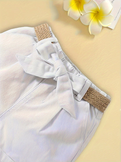 Damen High-Waist Paperbag Shorts mit Schleife und Flechtgürtel – Eleganter Sommerstil