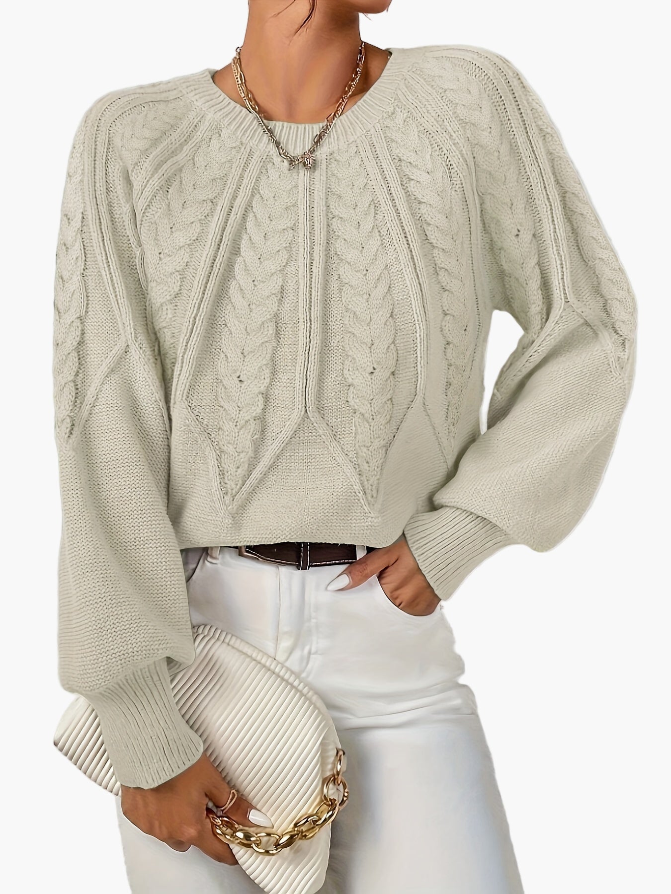 Damen Strickpullover mit Zopfmuster und Rundhalsausschnitt – Eleganter Alltagslook für Frühling & Herbst