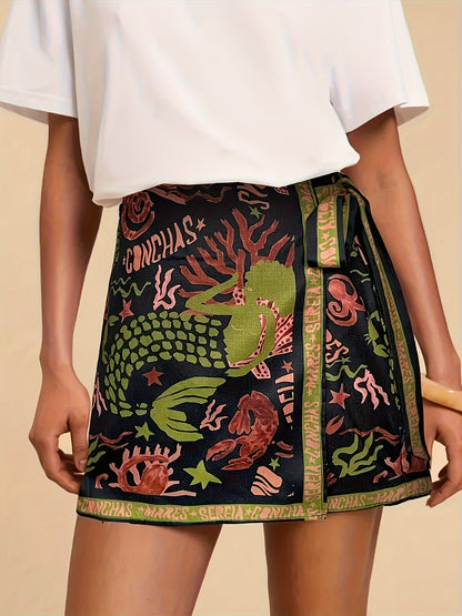 Damen Wickelrock Mini mit Meerjungfrau-Print und maritimen Motiven – Modischer Sommerrock für Freizeit und Urlaub