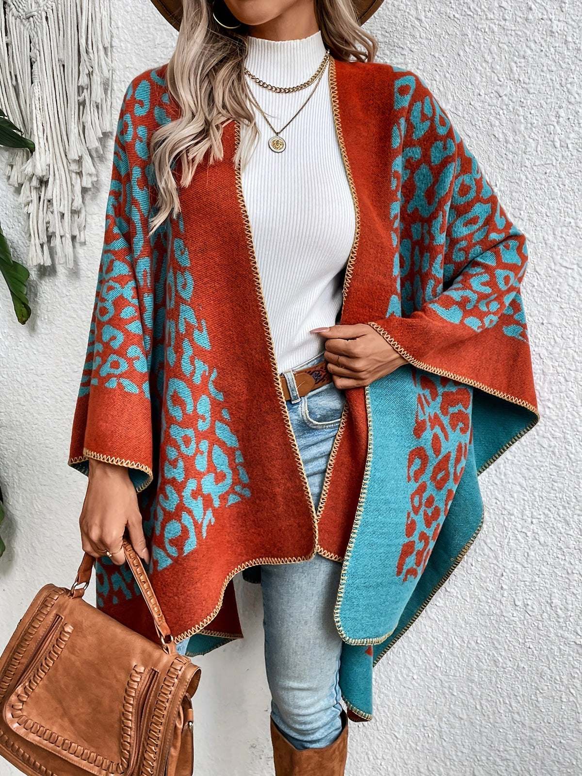 Damen Poncho Cape mit offenem Schnitt und geometrischem Muster – Boho Stil für Freizeit und Alltag