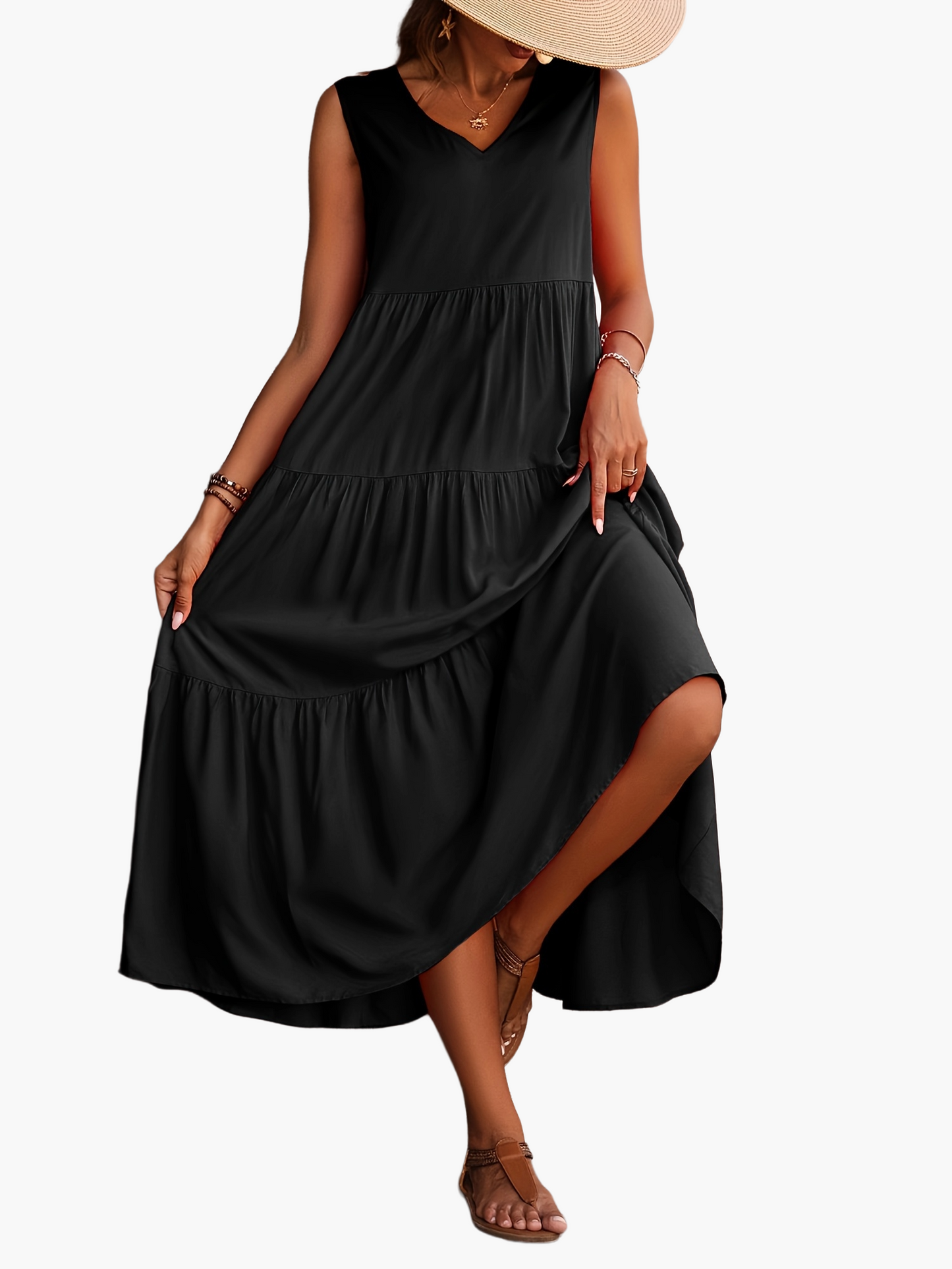 Damen Sommer Maxikleid Elegant V-Ausschnitt Ärmellos Freizeitkleid