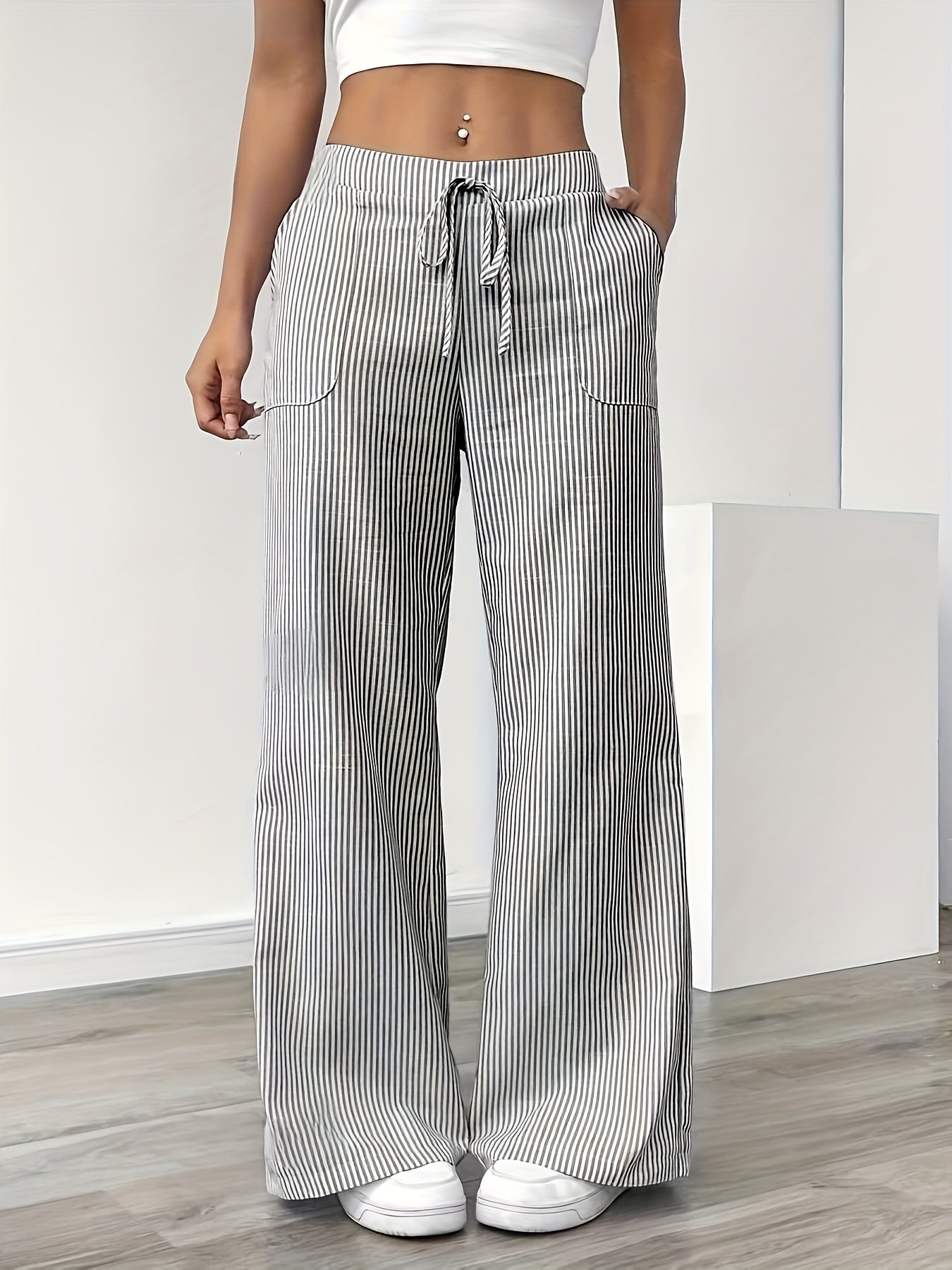 Damen Weite Casual Streifenhose mit Kordelzug – Komfortable Freizeithose für Alltag und Wochenende