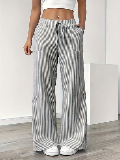 Damen Weite Casual Streifenhose mit Kordelzug – Komfortable Freizeithose für Alltag und Wochenende