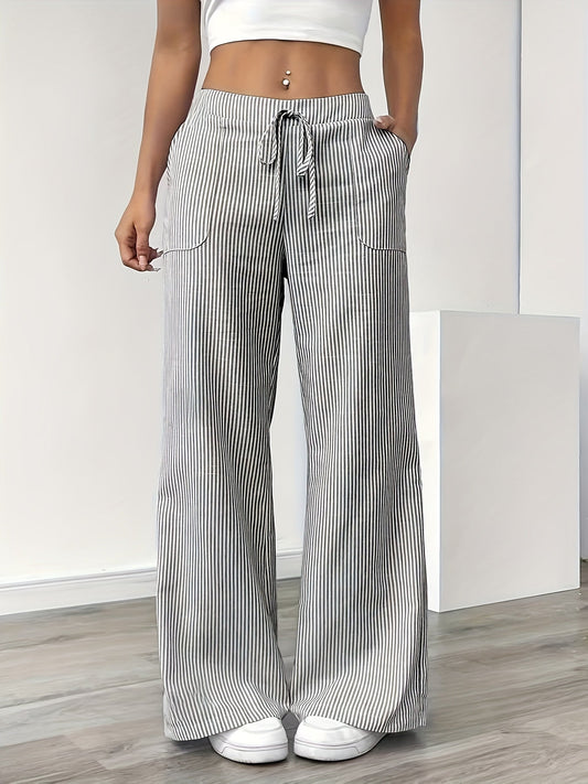 Damen Weite Casual Streifenhose mit Kordelzug – Komfortable Freizeithose für Alltag und Wochenende