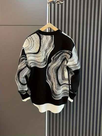 Unisex Langarmshirt Schwarz-Weiß mit Wellenmuster