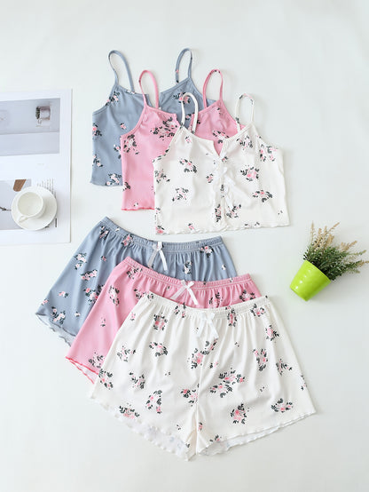 Damen Pyjama Set mit Blumenmuster – 3-teiliges Sommer Schlafanzug Set mit Shorts und Träger-Top, für entspannte Nächte