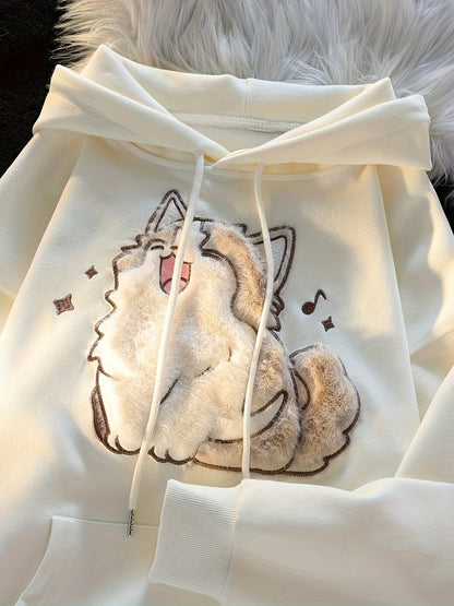 Hoodie Damen Beige mit flauschigem Katzenmotiv und Kapuze