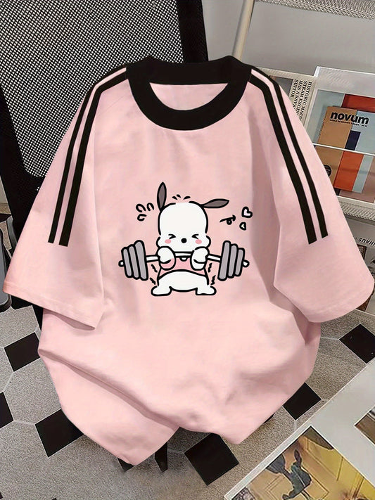 Damen Oversize T-Shirt mit süßem Fitness-Hasen und sportlichen Streifen – Casual Streetwear