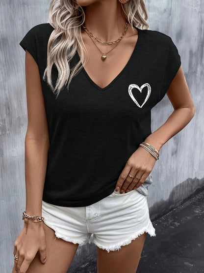 Damen T-Shirt mit Herz-Print und V-Ausschnitt – Lässige Sommermode, ideal für Alltag und Freizeit