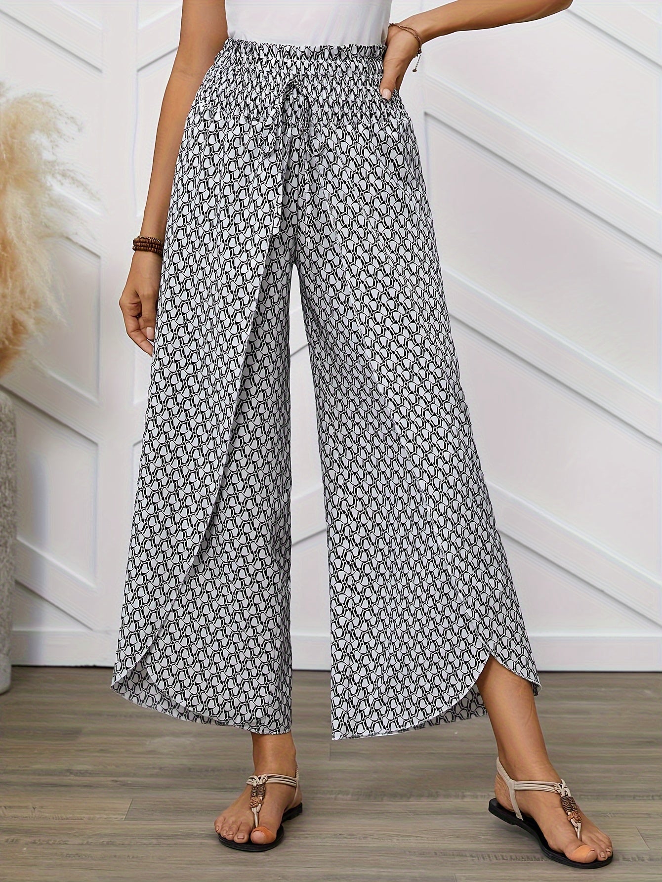 Damen Weite Bein Hose mit geometrischem Muster – Eleganter Sommer-Look für Freizeit und Alltag