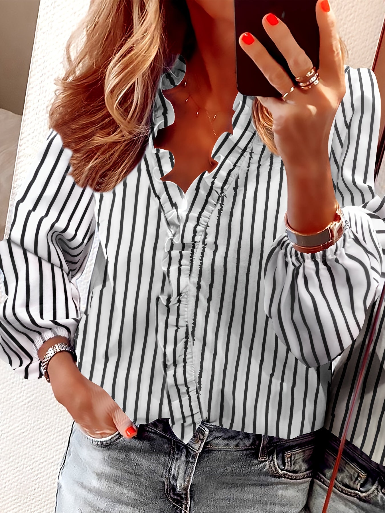 Damen Rüschenbluse Elegant Freizeitstil – Modische Langarmbluse für Alltag & Büro