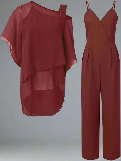 Damen Elegantes Zweiteiler Set – Asymmetrisches Chiffon Outfit für Büro & Alltag
