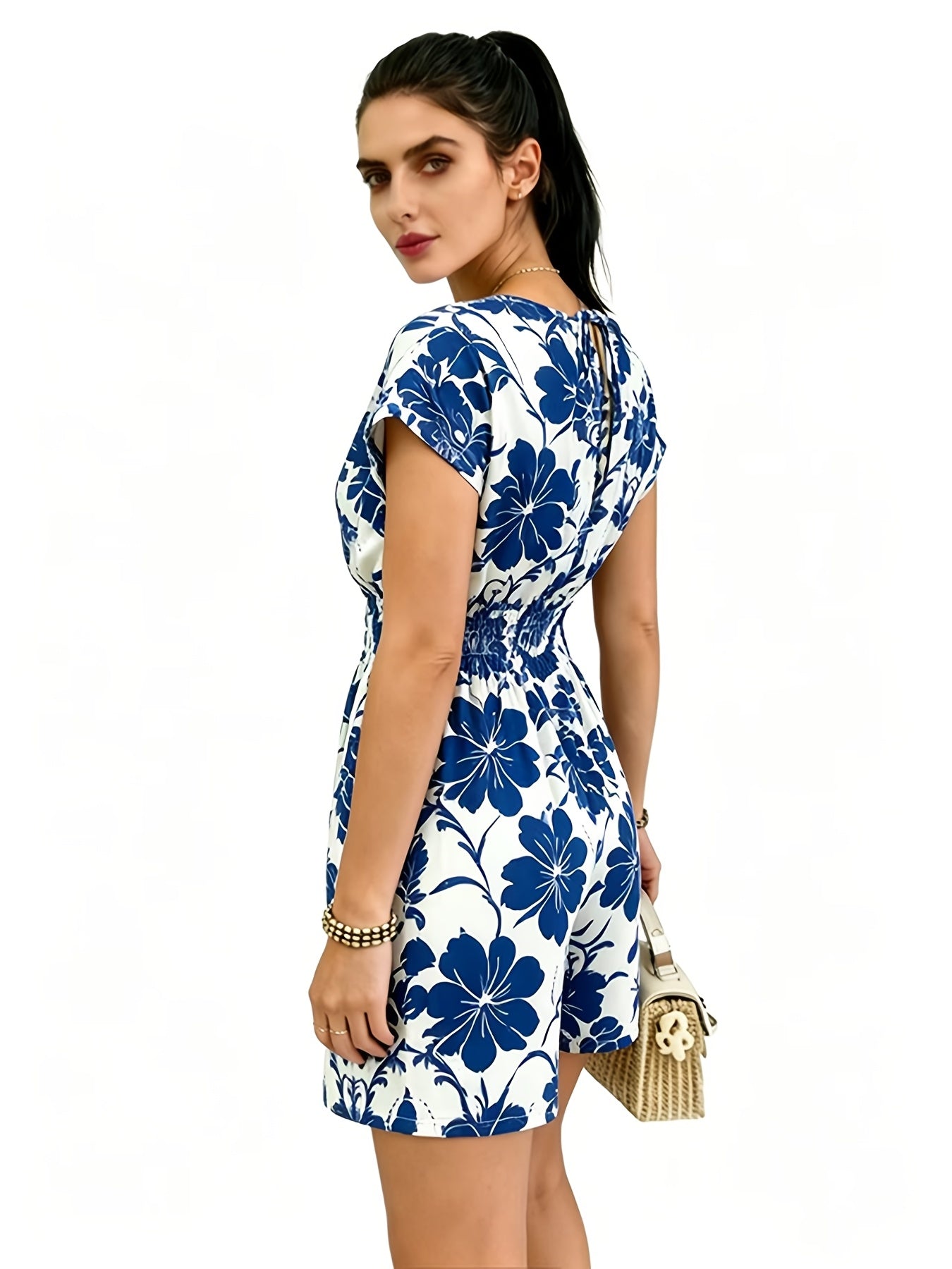 Damen Jumpsuit mit V-Ausschnitt und tropischem Print – Modischer Einteiler für Freizeit & Urlaub