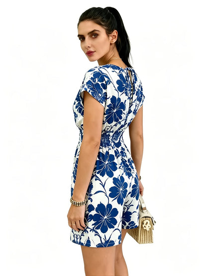Damen Jumpsuit mit V-Ausschnitt und tropischem Print – Modischer Einteiler für Freizeit & Urlaub