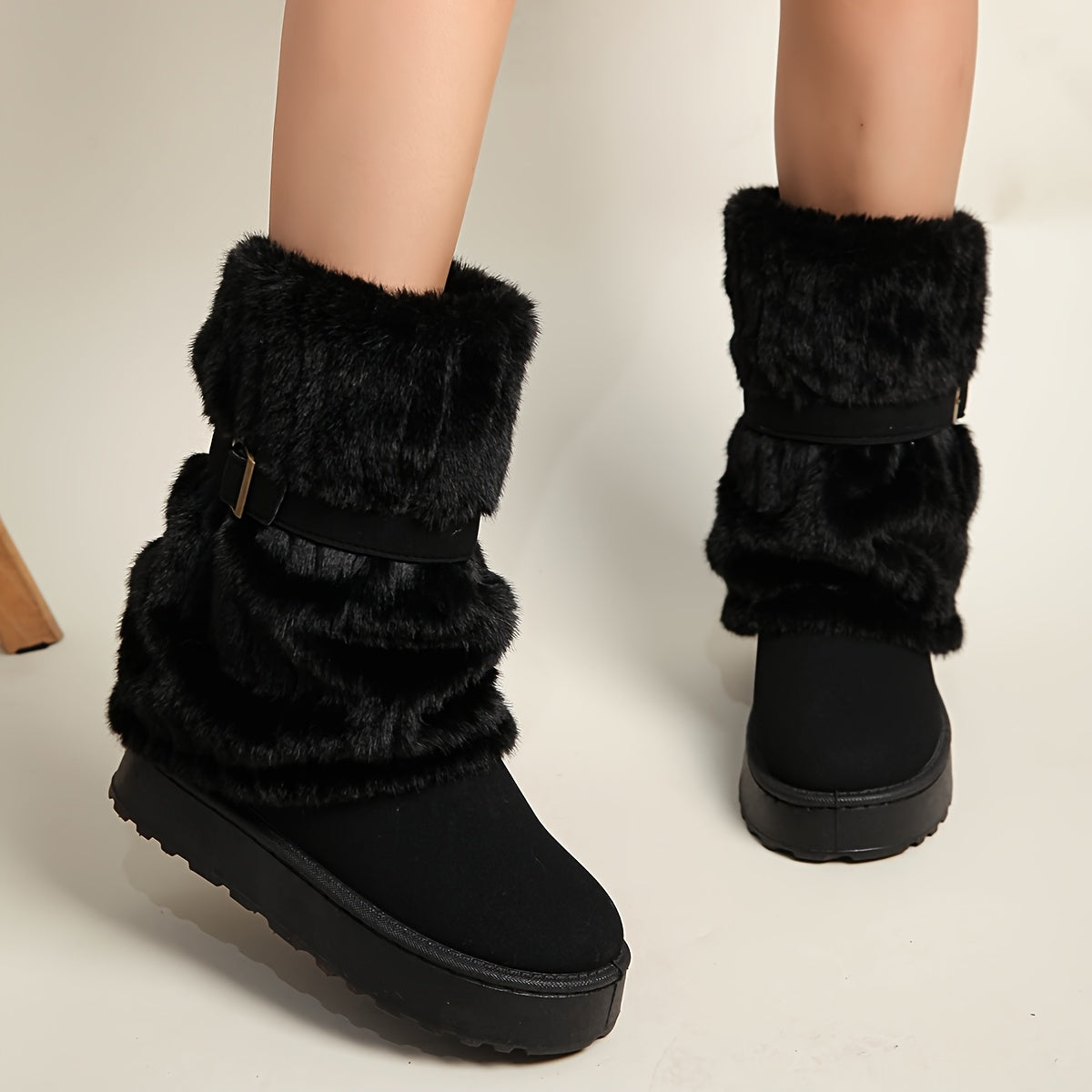 Damen Winterstiefeletten mit Kunstfell und Schnalle, Fesselhoch