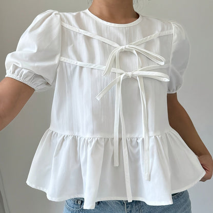 Damen Peplum-Bluse mit Puffärmeln und Schleifen – Verspielter, femininer Look für Freizeit und Alltag