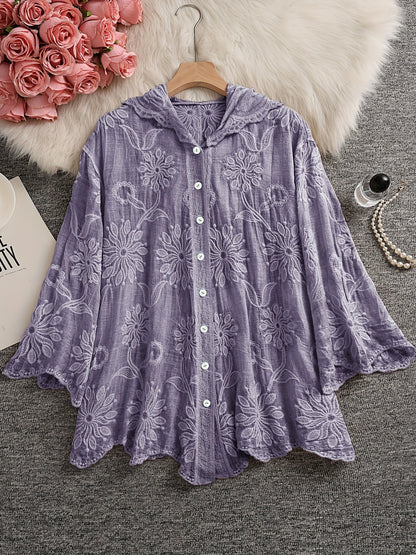 Damen Bluse Langarm mit Kapuze, Besticktes Blumenmuster, Knopfleiste