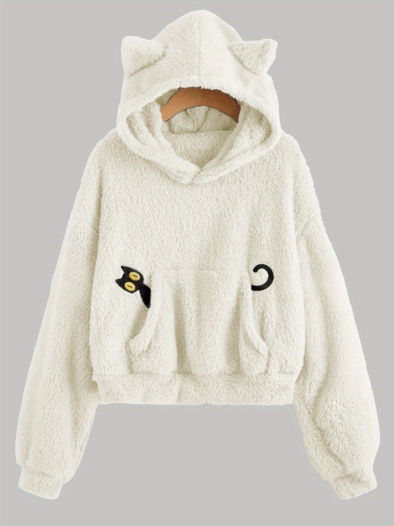 Fleece Hoodie mit Katzenohren und Tasche, flauschig, Grau