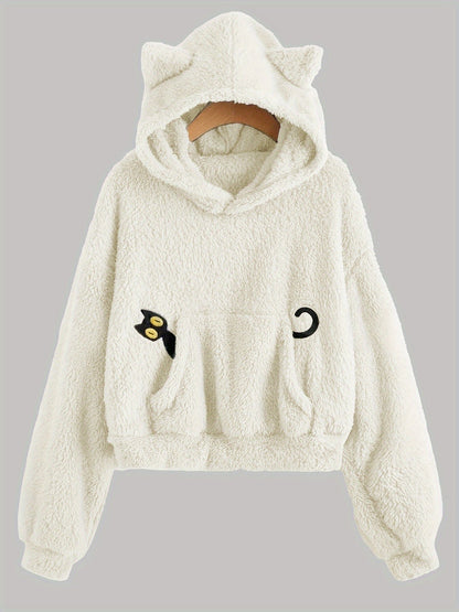 Fleece Hoodie mit Katzenohren und Tasche, flauschig, Grau