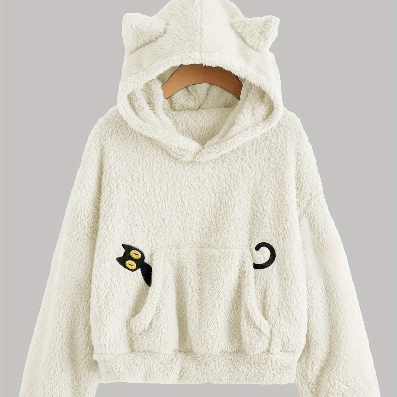 Fleece Hoodie mit Katzenohren und Tasche, flauschig, Grau