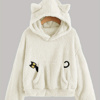 Fleece Hoodie mit Katzenohren und Tasche, flauschig, Grau
