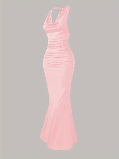 Damen Elegantes Abendkleid mit Wasserfallausschnitt und Rückenbindung – Figurbetontes Maxikleid für besondere Anlässe